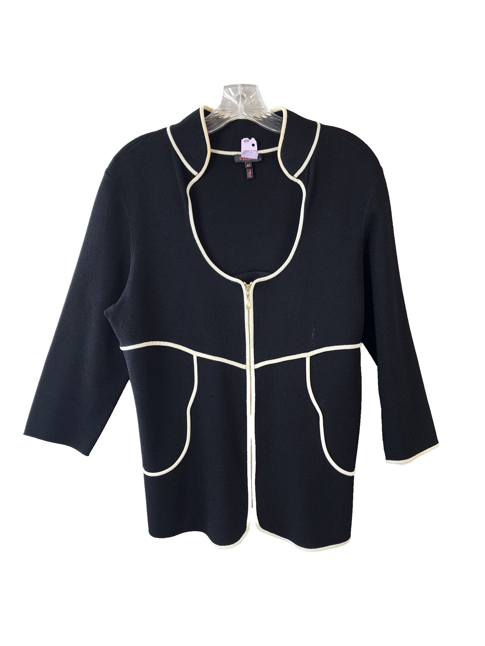 Escada Black Zip Jacket Women Size 42/US 12 - White Piping and Gold Hardware